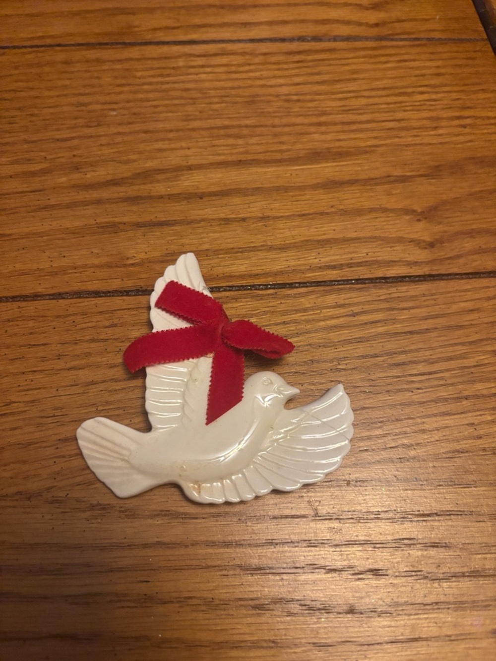 White Ceramic Dove Ornament with Red Bow - Pets Bird Decor
